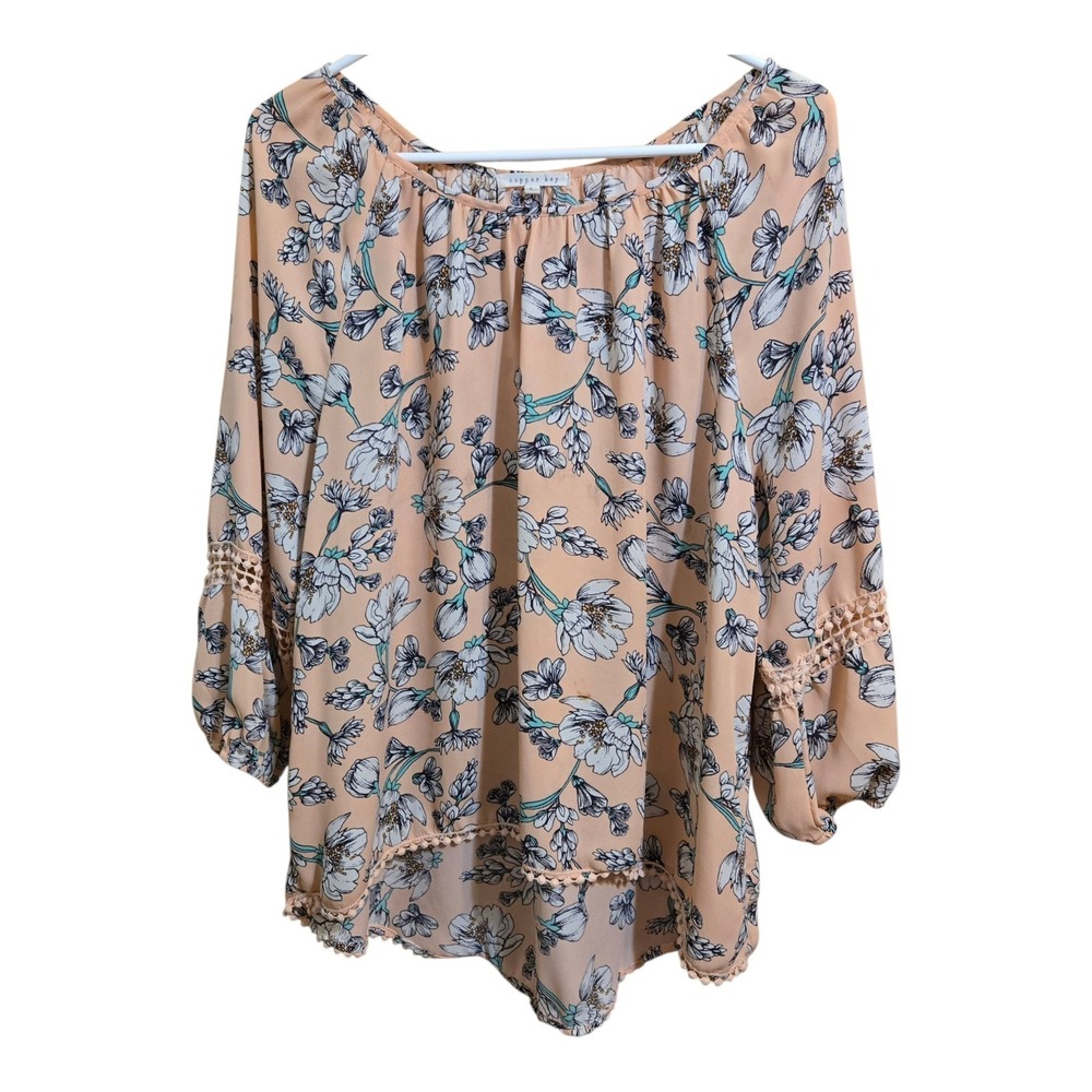 Copper Key Peach Floral Off Shoulder Blouse Pom Pom Trim Crochet Lace Large